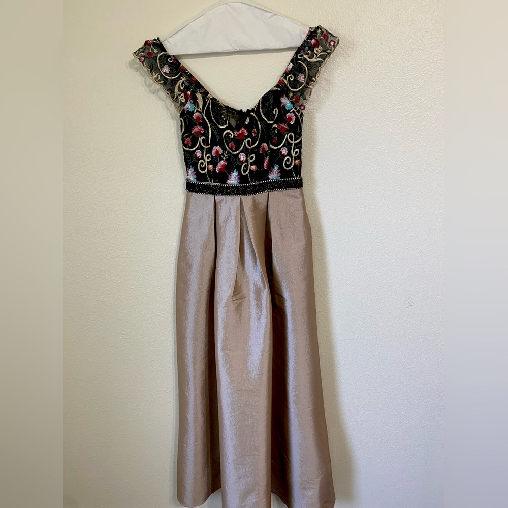 Beautiful evening gown. Nicely embroidered top with champagne color bottom.